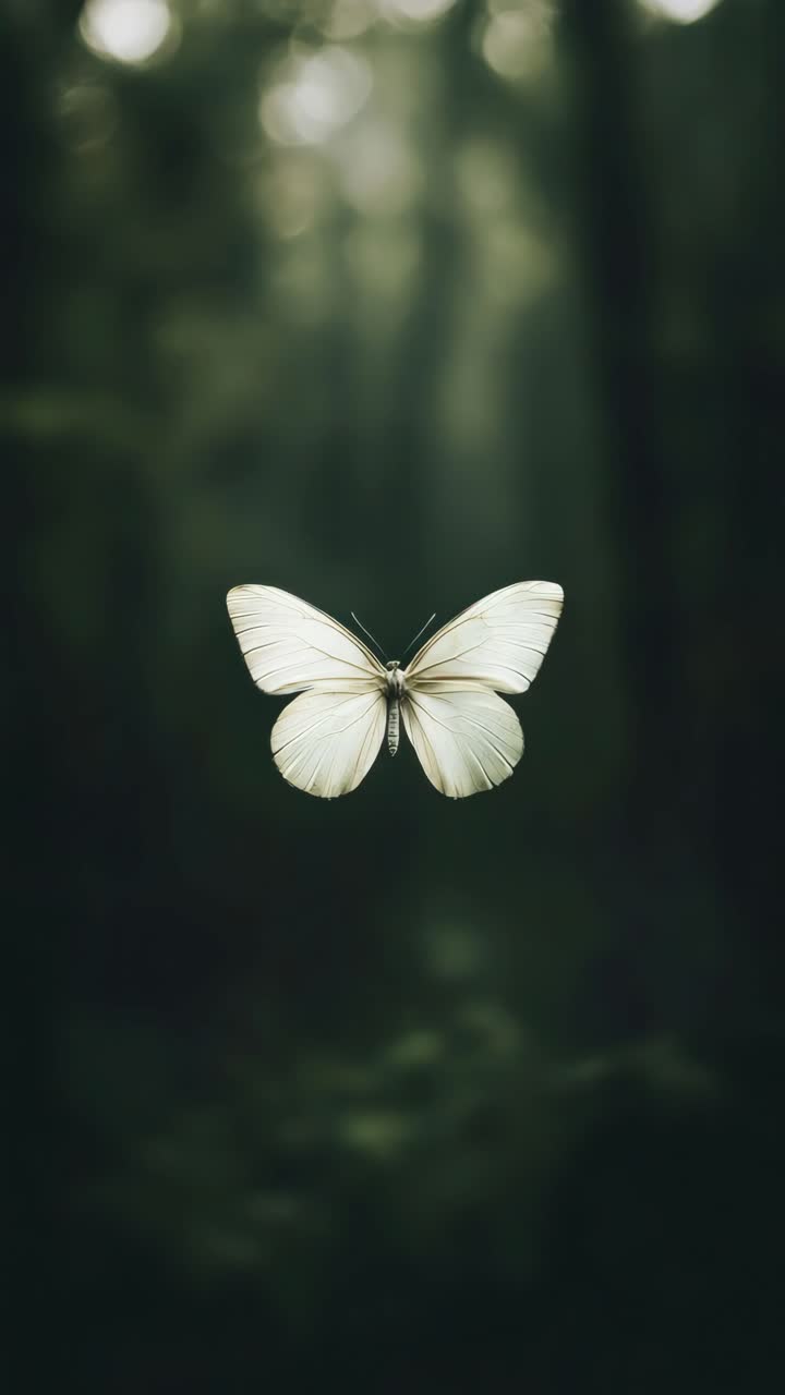 Un sereno primo piano di una farfalla bianca in volo su uno sfondo sfocato di una foresta