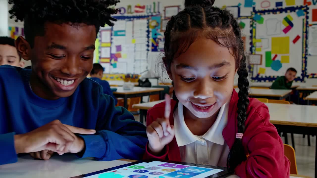High-angle video shot of two kids in a classroom, joyfully interacting with a tablet