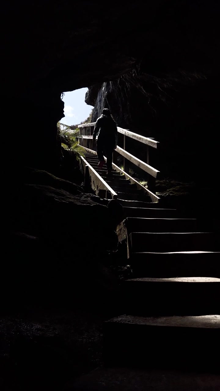 Vertical footage of hiker silhouetted on wooden stairs exiting a dark cave into daylight, adventure.