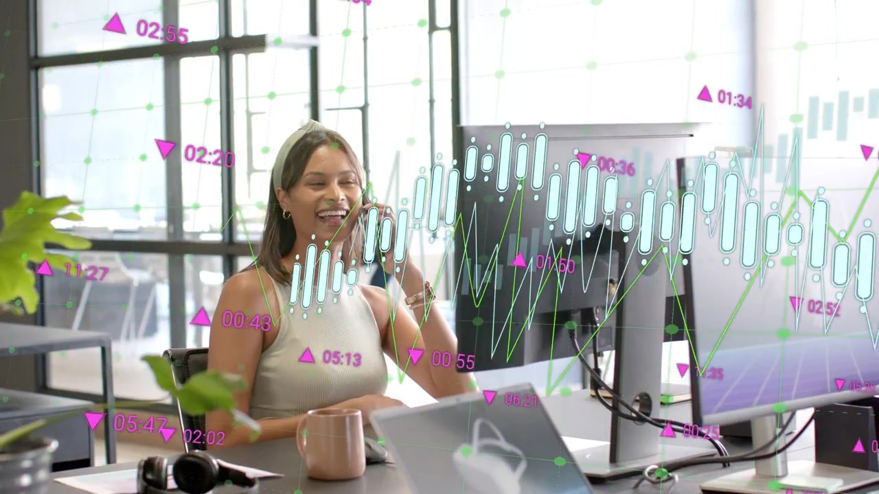 Woman at desk tapping phone after alert, calling and discussing finance while charts overlaying