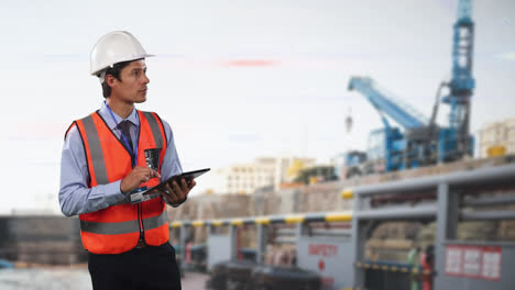 Trabajador-Caucásico-En-Una-Fábrica-Con-Un-Chaleco-Naranja-Y-Un-Sombrero,-Usando-Una-Tableta