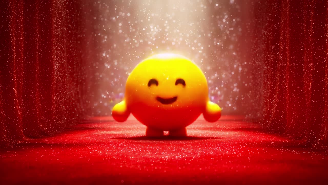 A cheerful yellow character stands joyfully on a red carpet, illuminated by sparkling lights, representing happiness and positivity in a vibrant, playful atmosphere