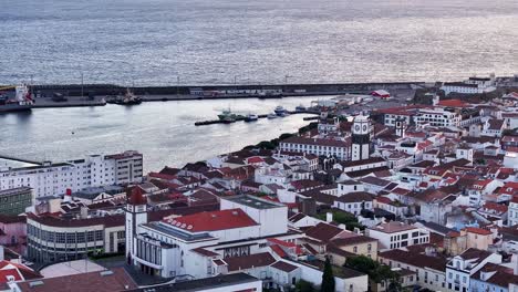 telephoto sunset aerial view of igreja matriz de são sebastião in ponta delgada