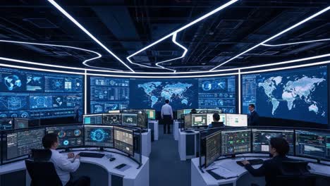 A High-Tech Control Room Scene Featuring Multiple Operators Analyzing Data on Advanced Screens, Displaying Global Maps and Real-Time Information in a Modern Environment