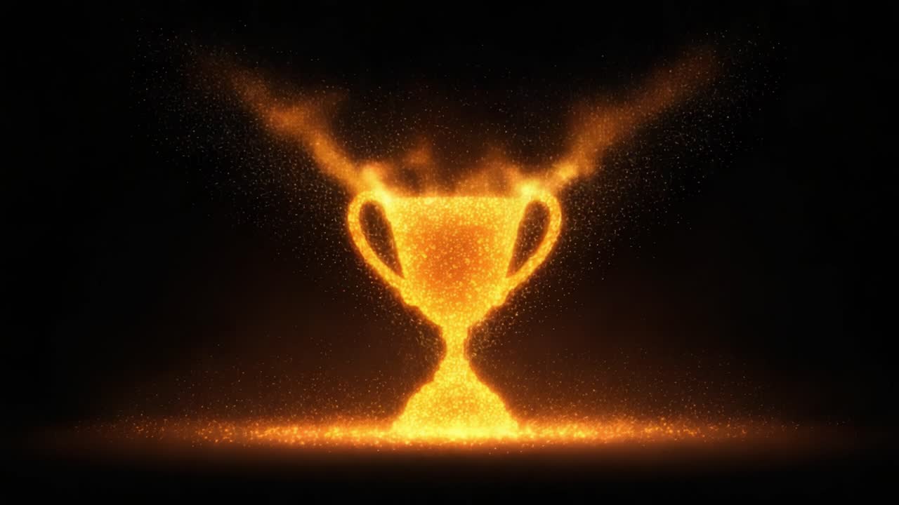 Eine atemberaubende Visualisierung des Triumphs: Ein schimmernder Pokal, beleuchtet von Feuerfunken und Staub, der Leistung und Sieg in glorreicher Detailtreue symbolisiert.