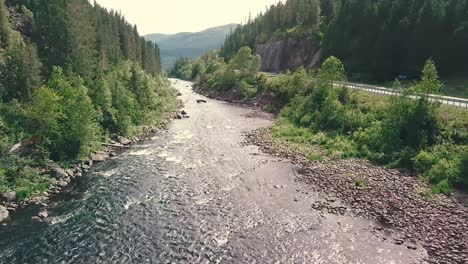 close forward drone shot over a river next to a road in a forest