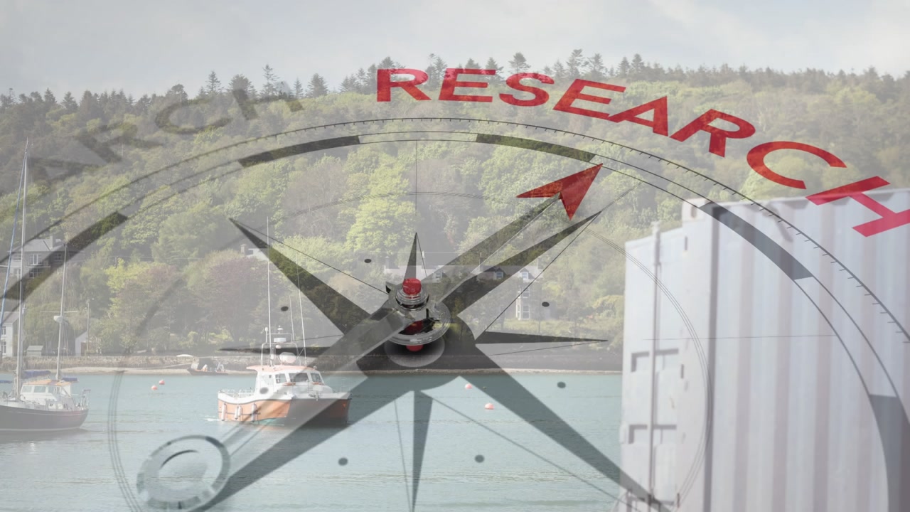 Compass dial overlay fading in view while red arrow rotates under RESEARCH arc guiding harbor study