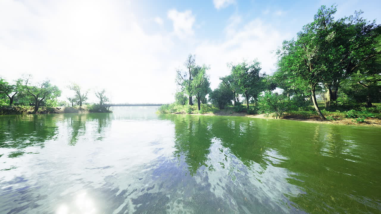 Serene river landscape with lush greenery under a clear sky during daytime