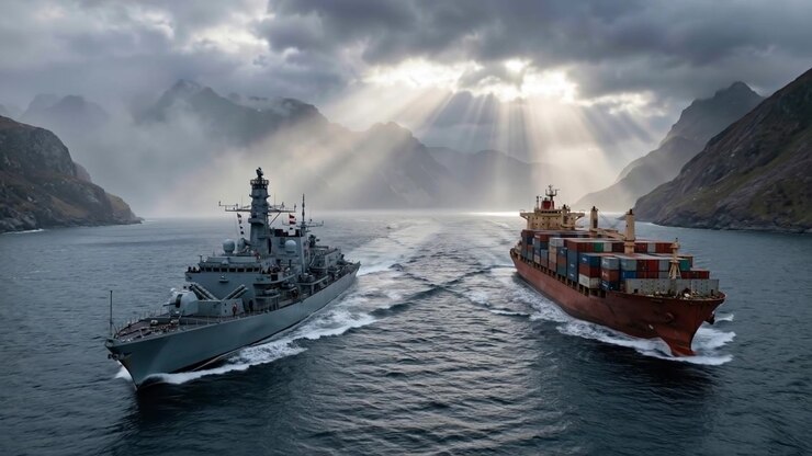 Naval warship escorting a large container ship through a misty mountain fjord during the day