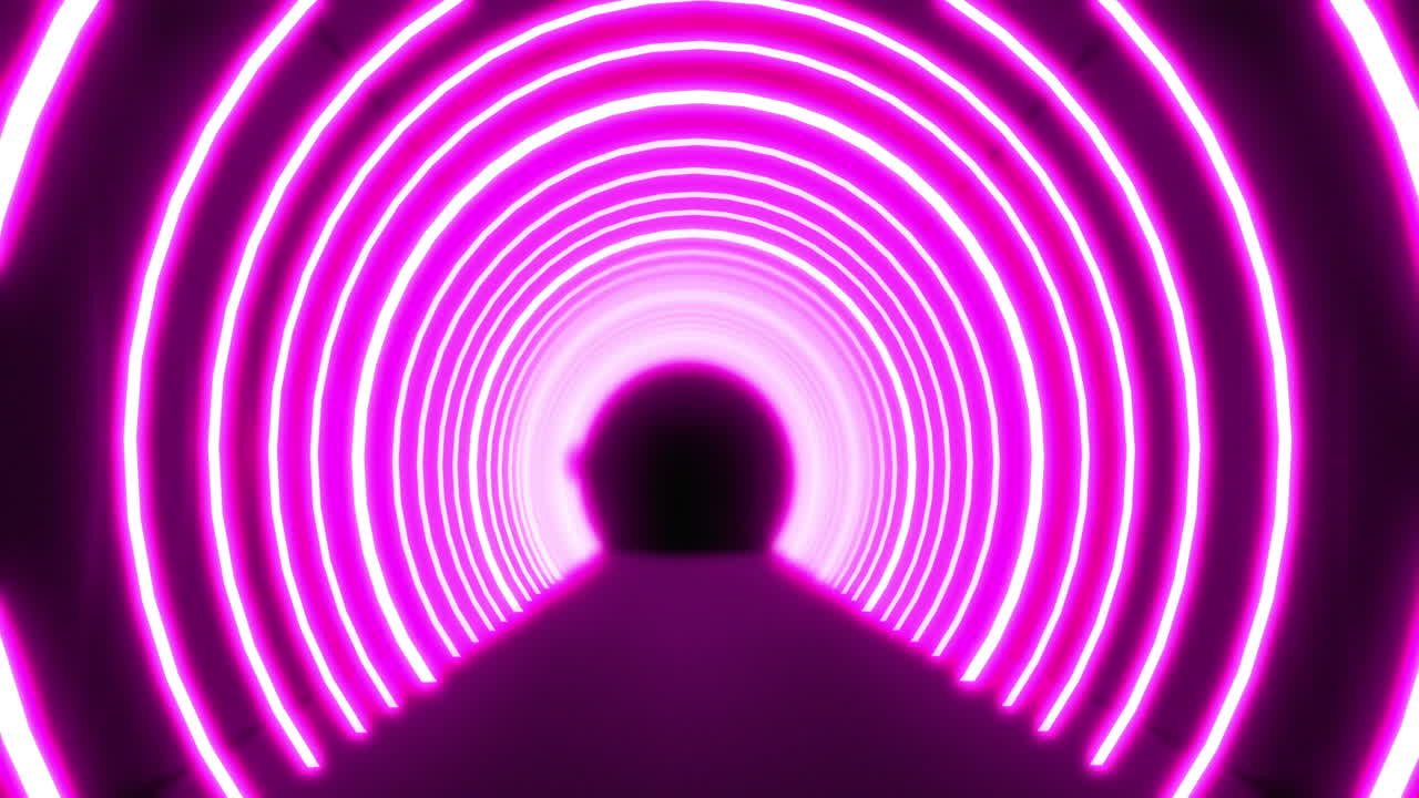 moviéndose a través de un túnel de arcos de neón rosados brillantes concétricos pulsando sobre un fondo negro