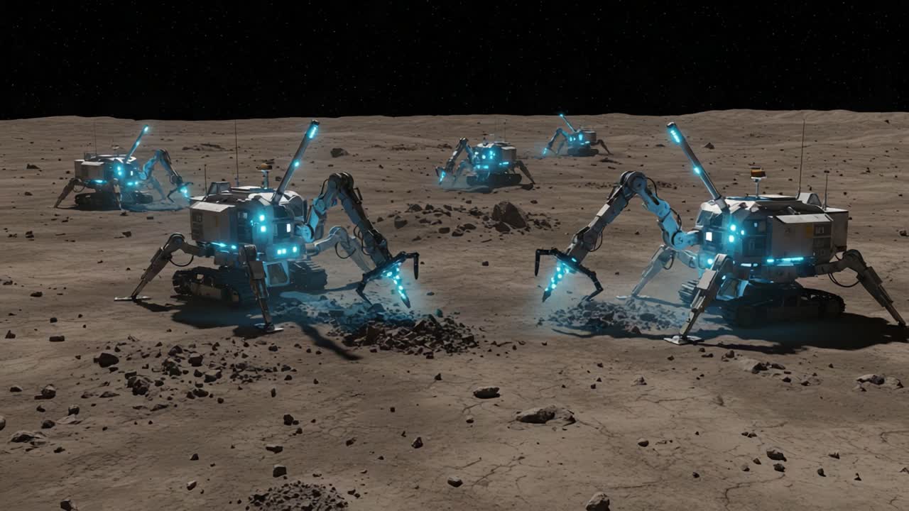 Advanced Robotic Excavators Engaged in Lunar Surface Missions, Utilizing Innovative Technology to Gather Resources and Conduct Research in Harsh Extraterrestrial Environments
