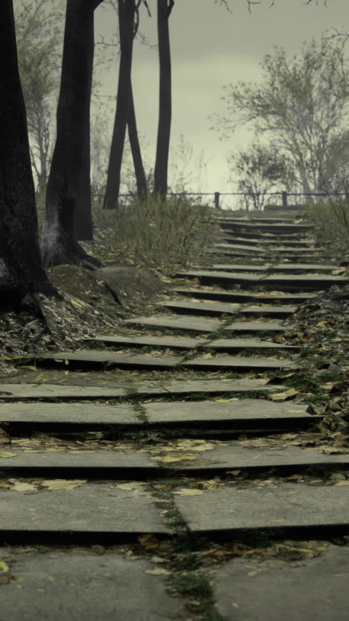 Serene forest stairway journey an atmospheric walk through misty trees
