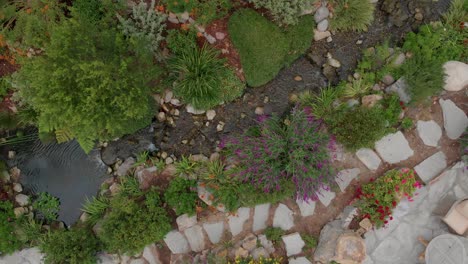 high flyover of a tree lines stream and botanical gardens near malibu horse stables