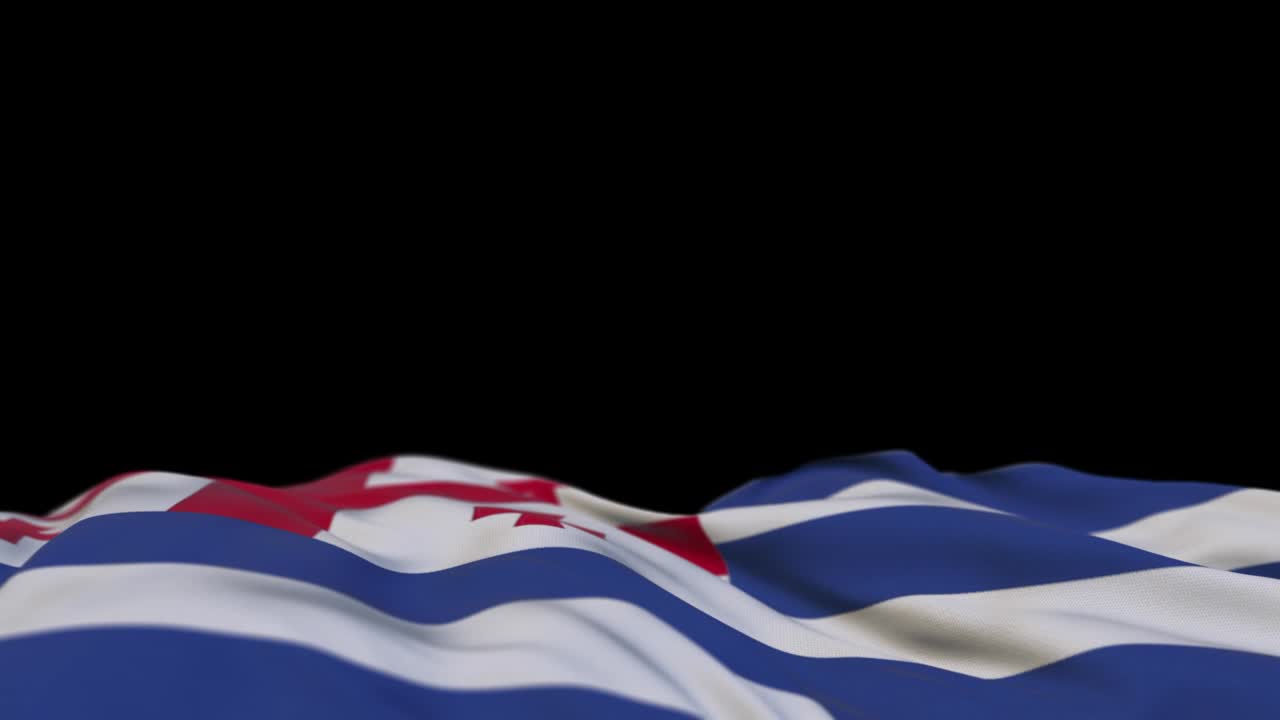 바람의 루프에 흔들리는 아자리아 직물 발, 바람에 흔들린 아자리아 봉제, 은 천의 배너, 반 채워진 검은색 배경, 텍스트를 위한 장소, 20 초 루프.