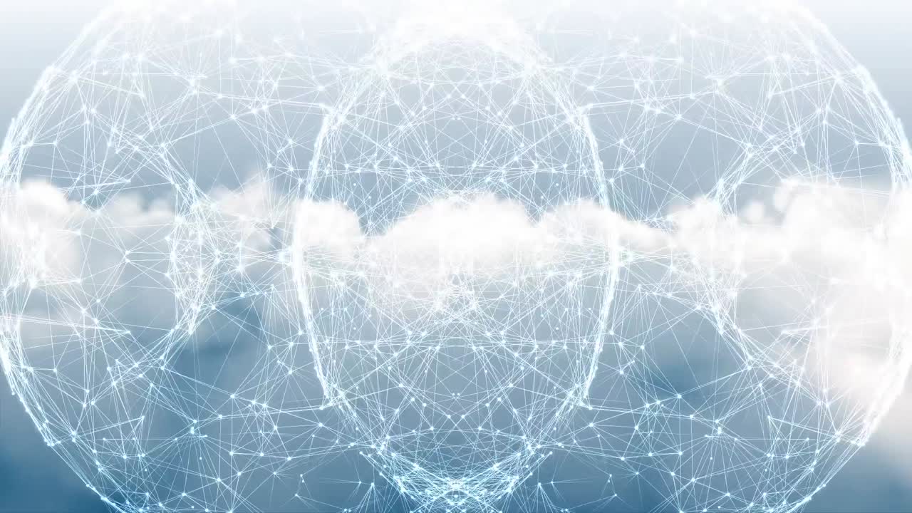 Animation of gradient abstract shape over globe of network of connections against clouds in the sky