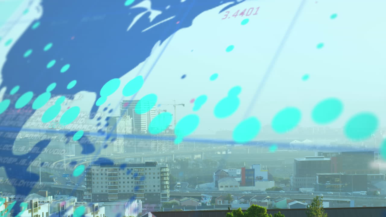 그리드 네트워크와 세계 지도를 통해 데이터 처리의 애니메이션과 도시 풍경의 항공 시각