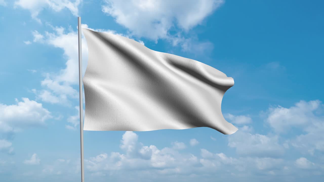 bucle sin costuras 4k vdo. bandera blanca vacía y espacio de copia para publicidad con nubes de cielo azul. maqueta. ilustración abstracta 3d.