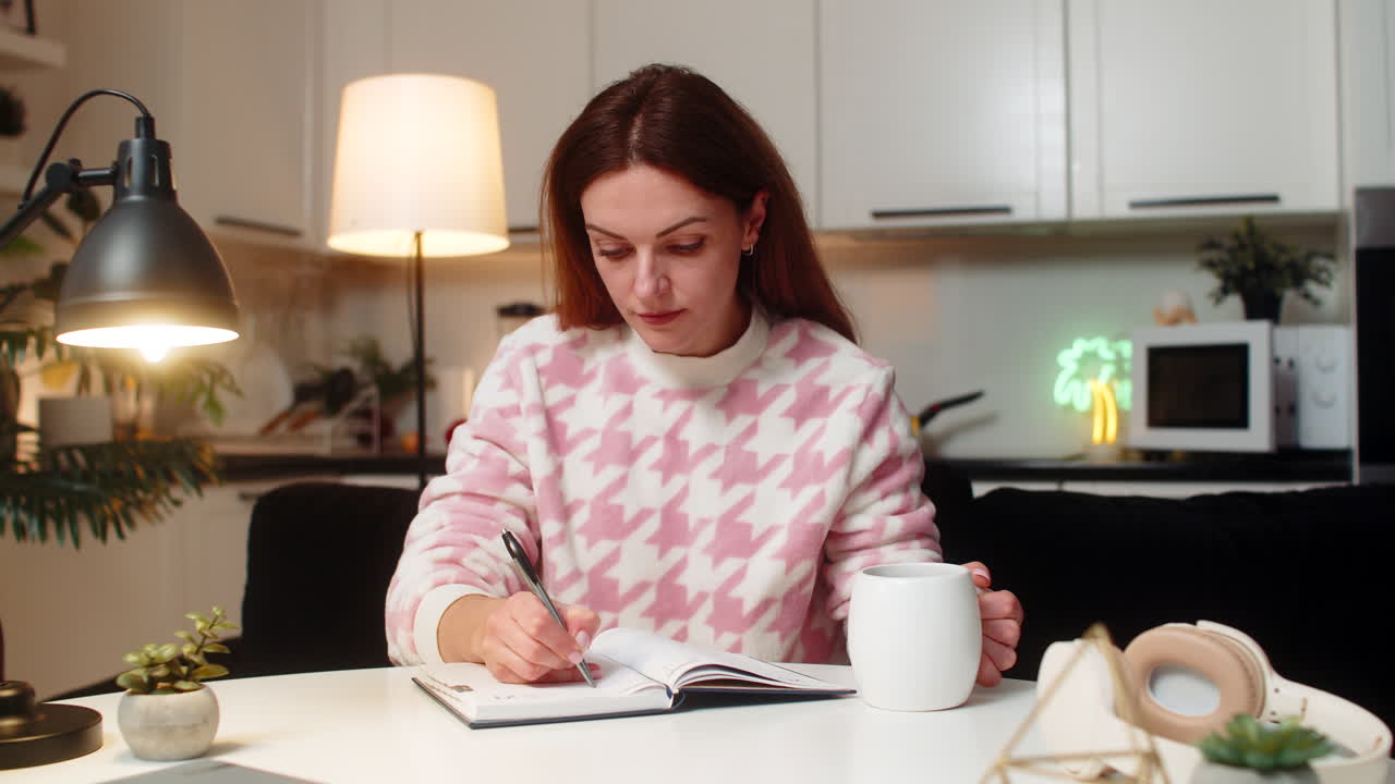 Donna adulta beve lentamente tè caldo di notte, scrive la lista delle cose da fare per domani nel quaderno, si rilassa, si concentra e sta in silenzio