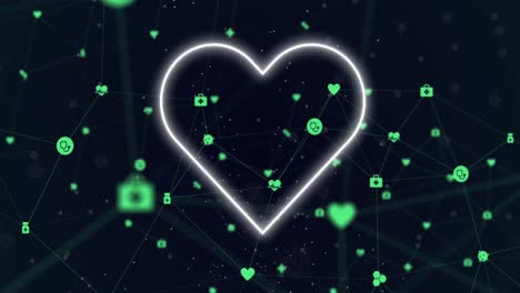 animation of neon heart flickering over digital icons on black background