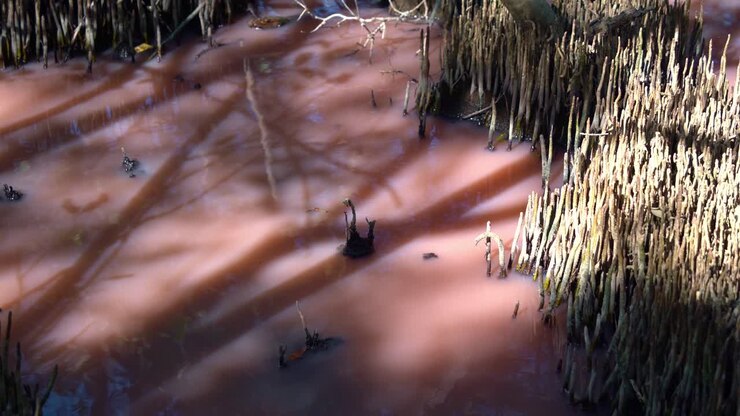 Queensland Boondall Wetlands Reserve, waterway turned pink hue due to natural algal blooming during the dry season, influenced by warm temperatures, increased salinity, and low rainfall