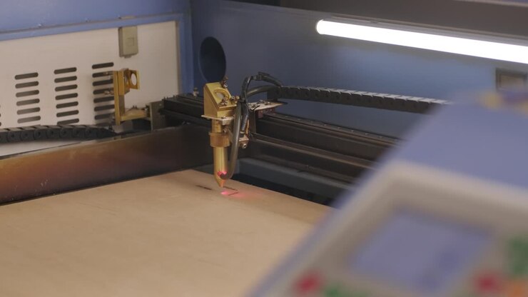 Cnc laser cutting machine cuts wooden plank and plywood
