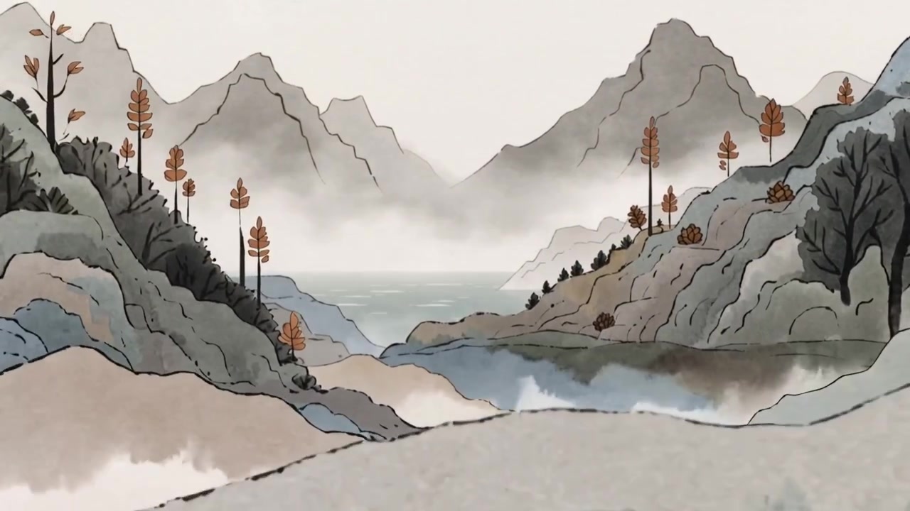 微风吹拂着纤细的树干和飘落的红叶，视角后拉，展现出湖泊