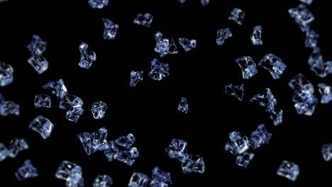 flying many clean ice cubes on black background. pieces of crushed ice, natural water. 3d animation of crushed ice rotating. loop animation.
