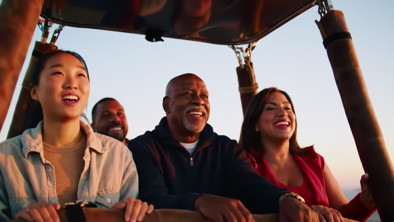 A Joyful Hot Air Balloon Ride Featuring Diverse Passengers Enjoying Scenic Views and Sharing Laughter in a Serene Sunset Environment with Endless Horizons