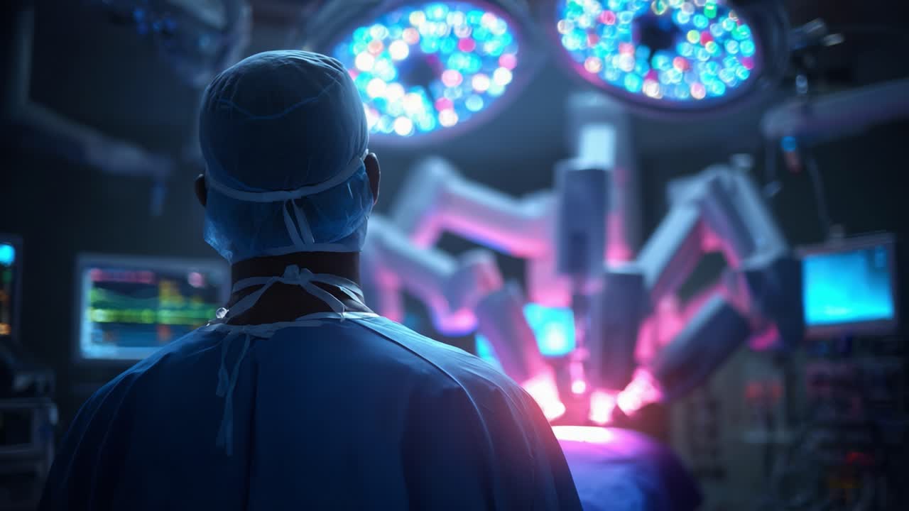 A Surgical Robot Operates Under the Watchful Eye of a Surgeon in an Advanced Medical Facility with Cutting-Edge Technology and Illuminated Equipment
