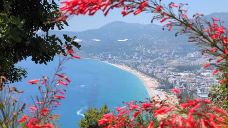 a sweeping panoramic view of cleopatra beach from alanya castle, which is a historic fortress that crowns the peninsula, with its medieval walls overlooking the city and the mediterranean sea