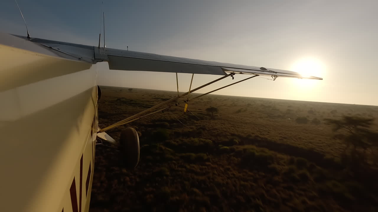 Small air plane side view over grassy shrubs and trees