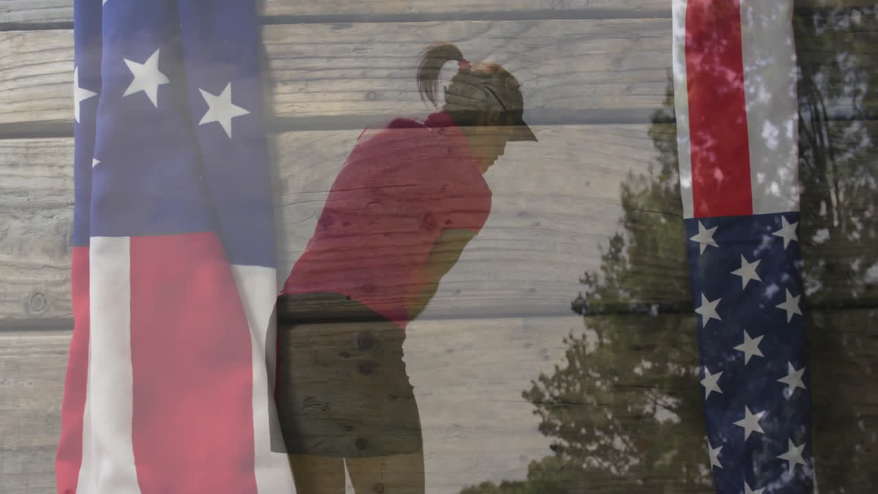 Woman swinging golf club on outdoor course with animated flag borders in sports marketing campaign