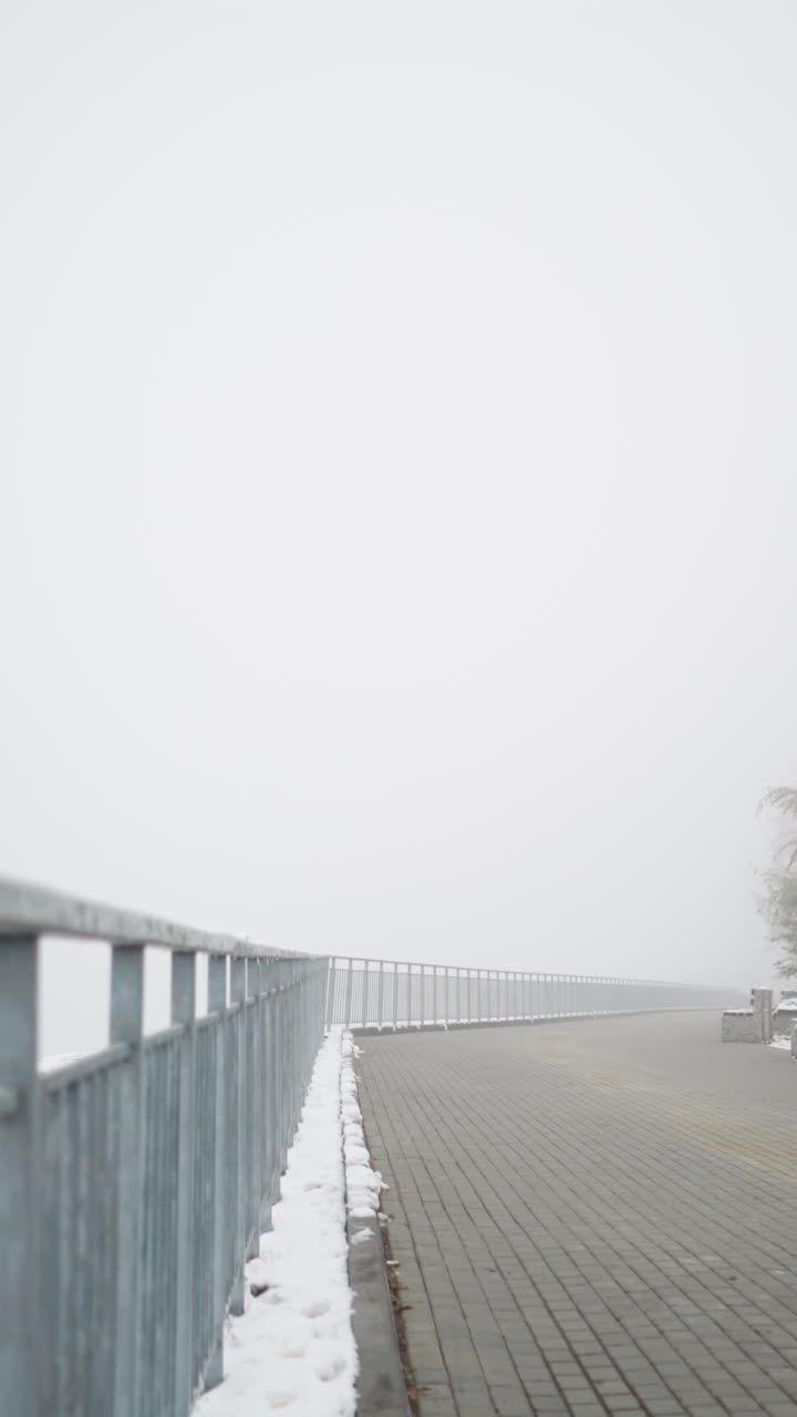 Winter cityscape suffused with thick fog, first snowfall dusting park benches, frosted trees and light poles lining serene walkway beside iron railings, distant mast looming blurred