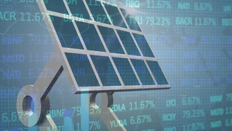 Animation-of-stock-market-and-statistical-data-processing-over-solar-panel-against-blue-background