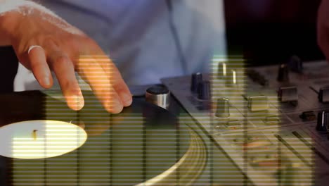 digital animation showing smiling disco jockey mixing music in pub 4k