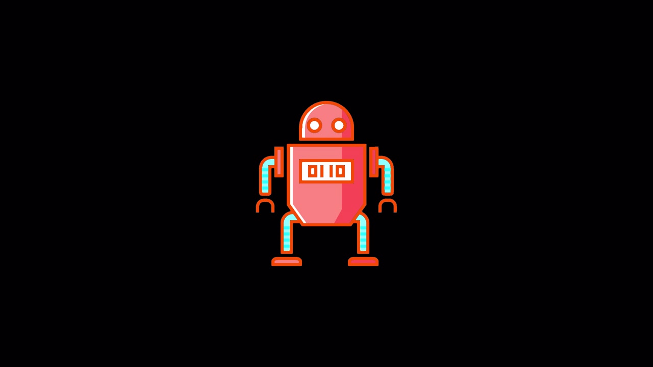 Animated Red Robot Character Appearing and Standing on Black Background