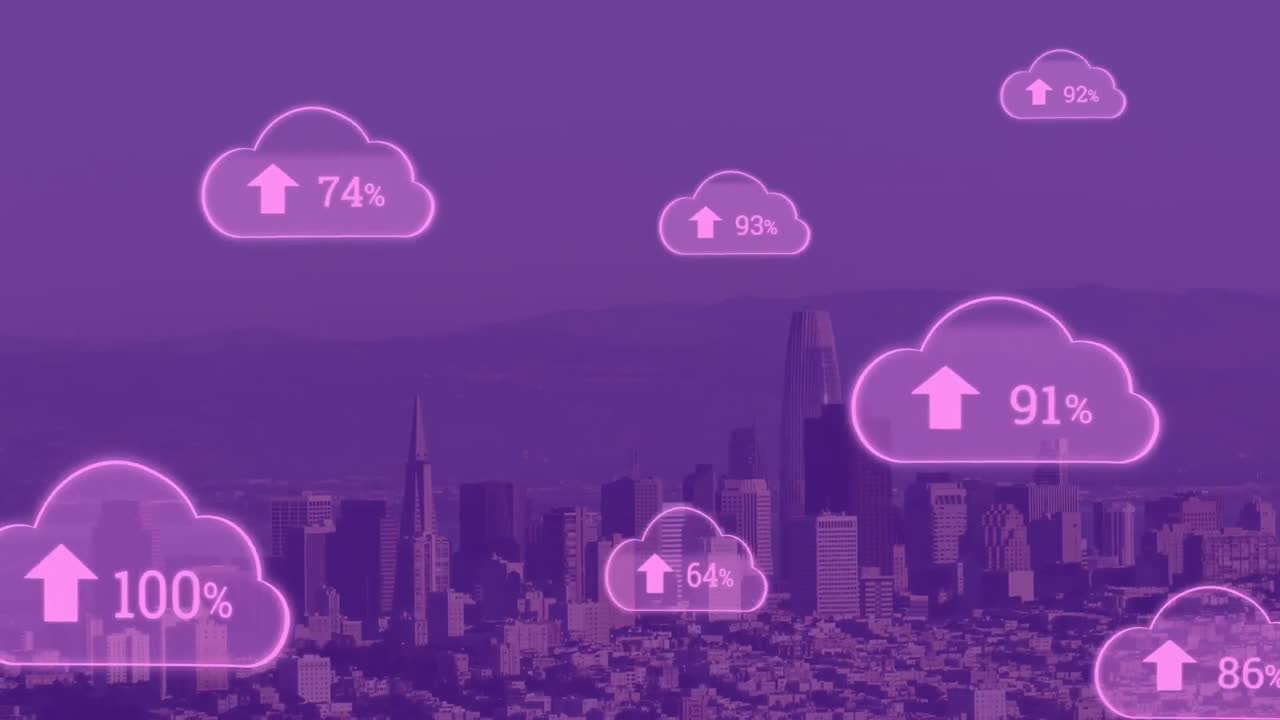 Animation of clouds icon with percentage with city in background