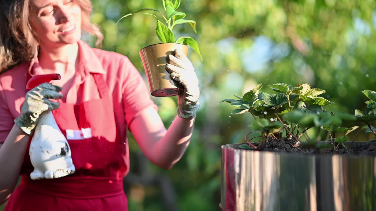 Female gardener using a spray bottle to water or treat strawberry plants in a bright green garden