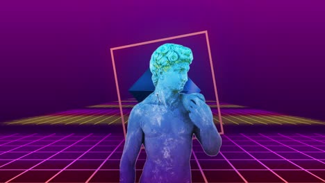 animation of antique sculpture bust with glitch moving over grid on purple background