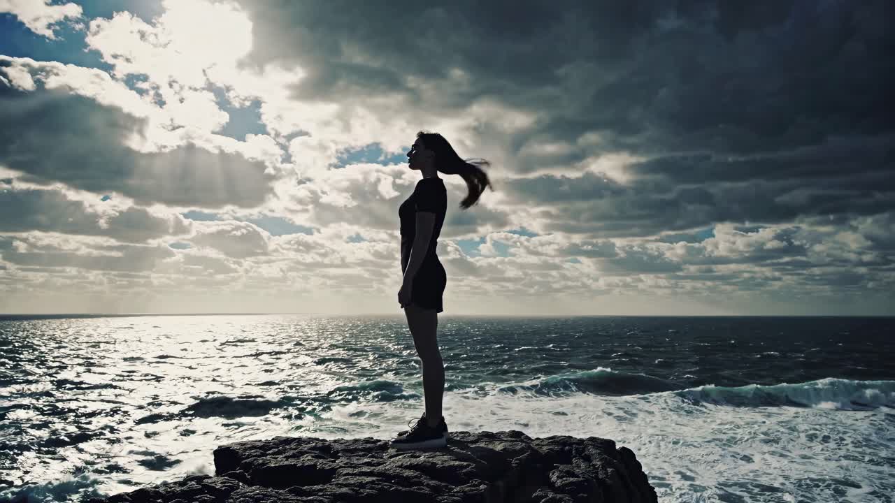 Silhouette of a woman standing on a cliff, ocean backdrop, captured from a low angle