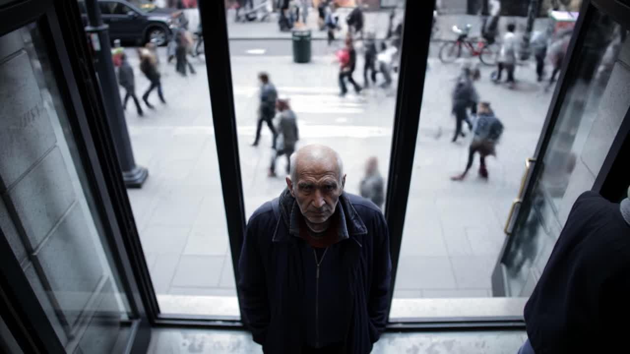 A man stands in the entrance of a building, looking out at the crowd of pedestrians passing by on a busy street. It is daytime, capturing the hustle of city life.