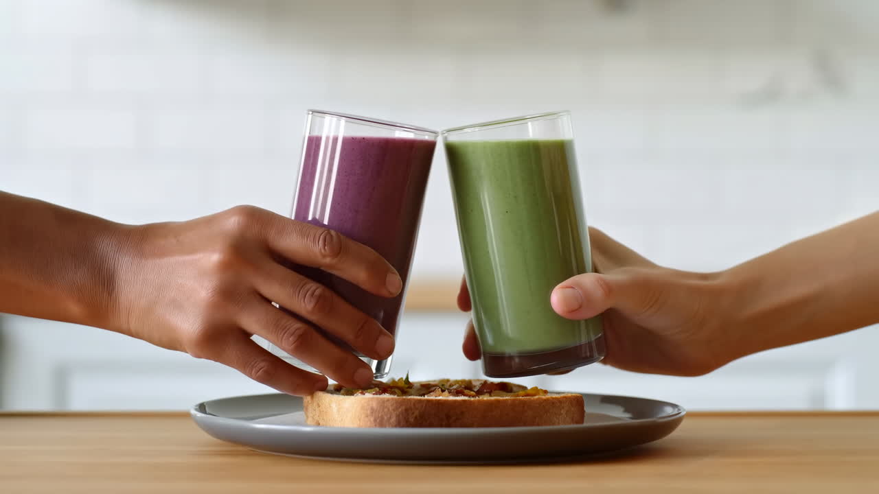 Deux mains entrechoquant des verres de smoothies sains et colorés