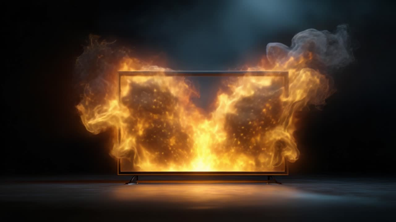 En fascinerende visning af levende flammer og røg, der bryder ud fra en tv-skærm, hvilket skaber en fængslende visuel repræsentation af ild og energi