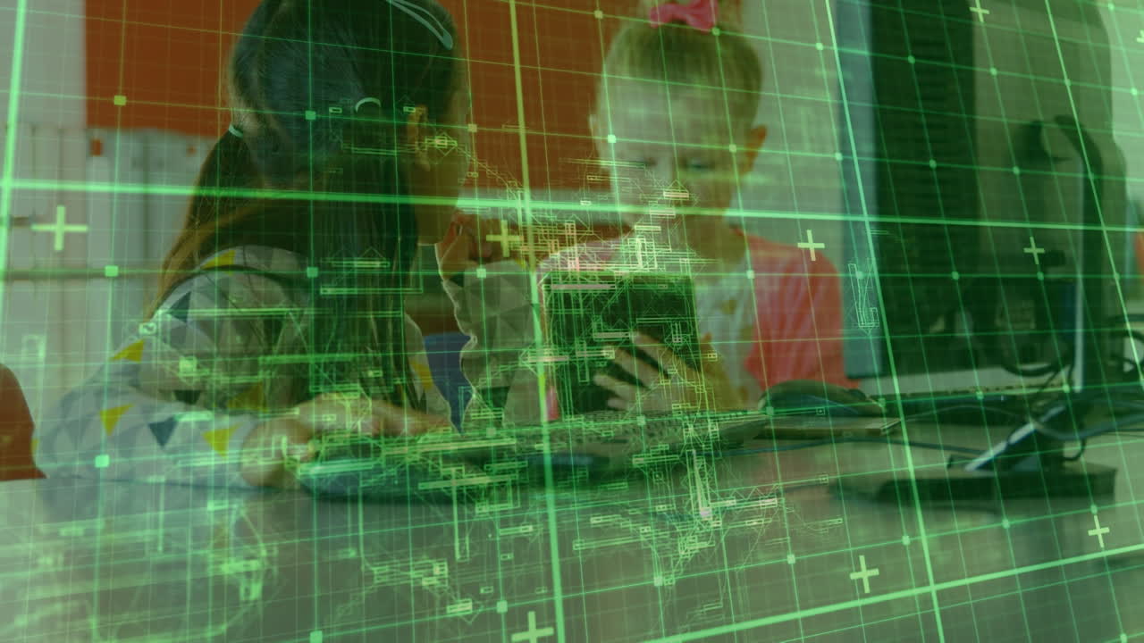 컴퓨터를 이용한 다양한 소녀들의 데이터 처리의 애니메이션