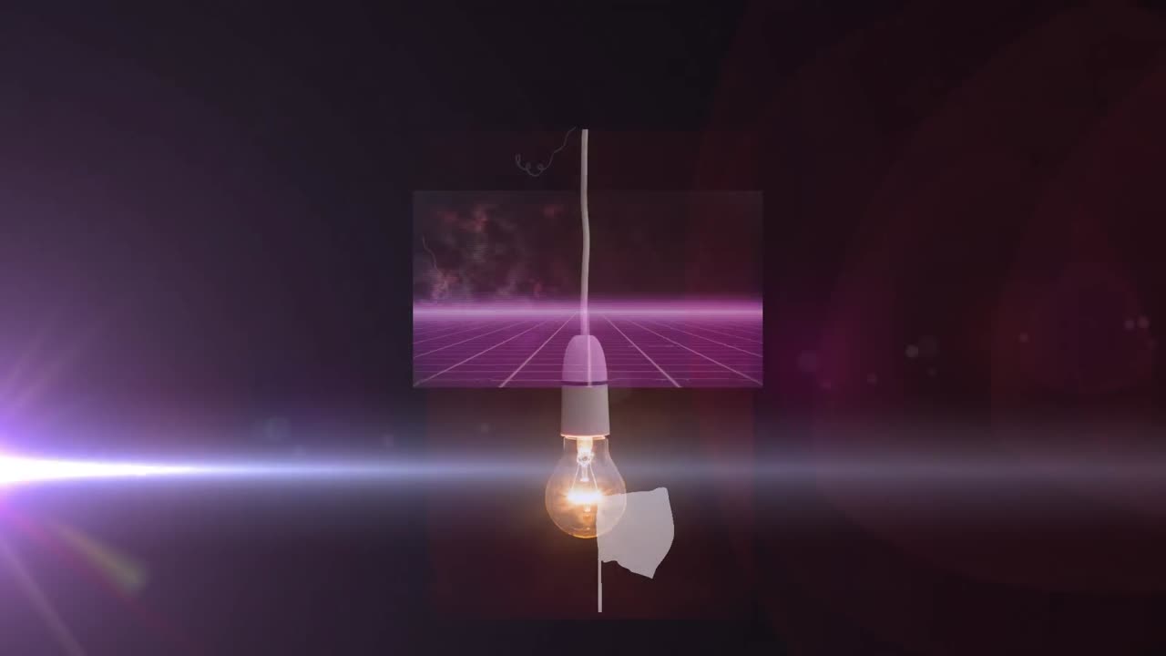 animación de rastros de luz sobre formas y bombilla sobre fondo negro