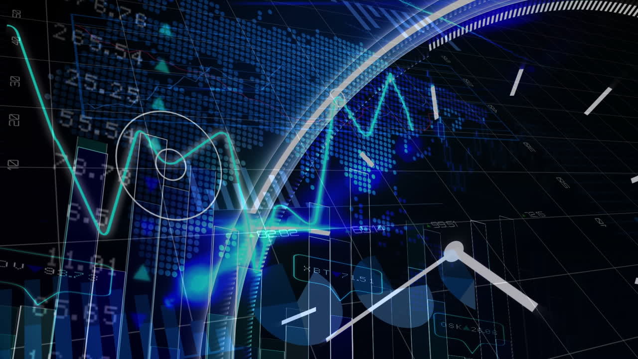 해군 배경에서 금융 그래프와 세계 지도에 대한 계산의 애니메이션