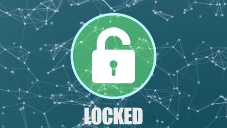 clever motion graphic element of a circular system security logo with padlock, being hacked and unlocked, turning from red to green, with locked unlocked text, on a plexus style background