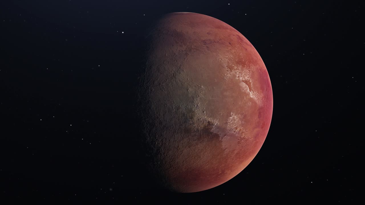 Planet Mars. View from space. A large surface of planet is illuminated by the sun. Stars twinkle. 4K.