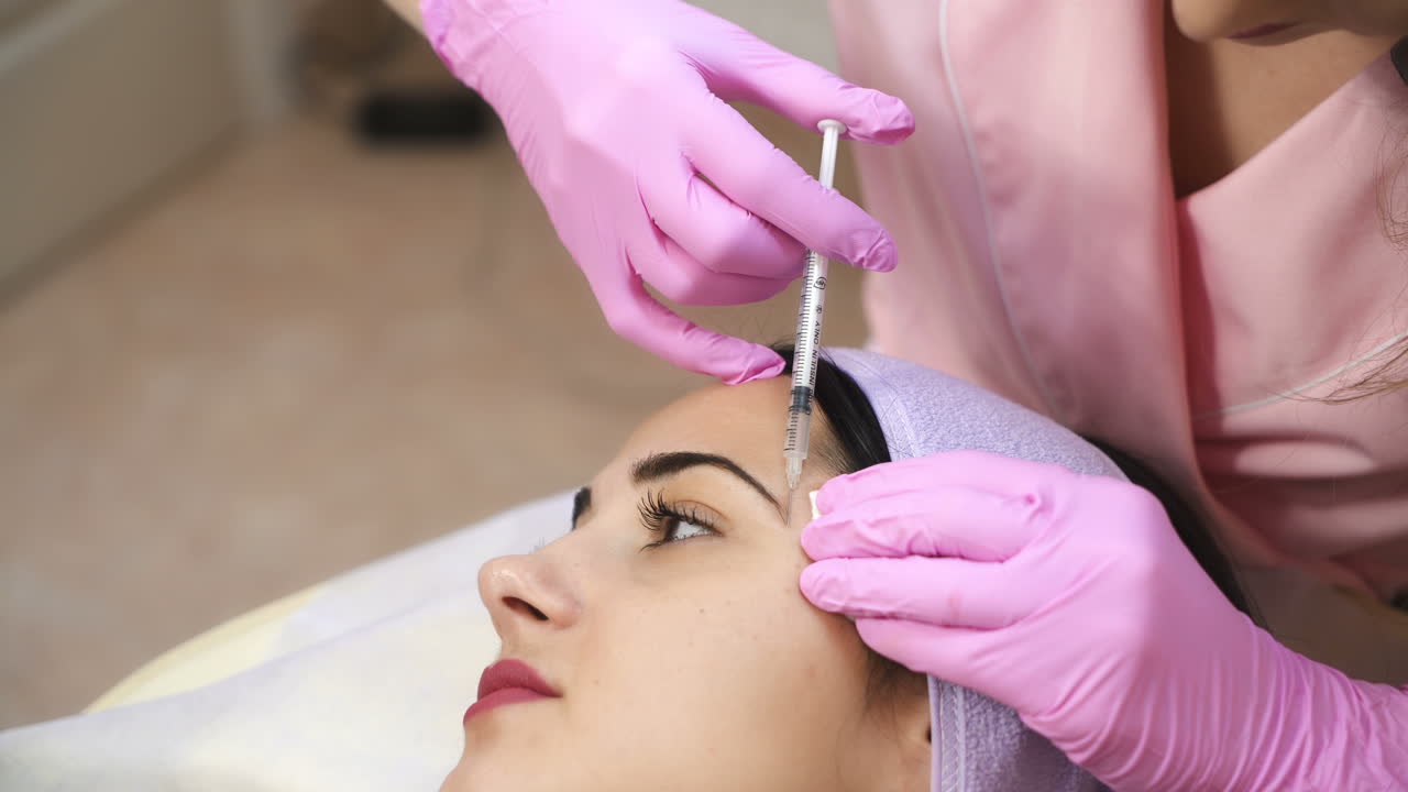 The doctor cosmetologist makes the Botulinum Toxin injection. Procedure for tightening and smoothing wrinkles. Rejuvenating facial injections.