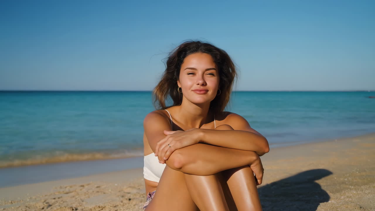 Giovane donna che si rilassa serenamente su una spiaggia assolata
